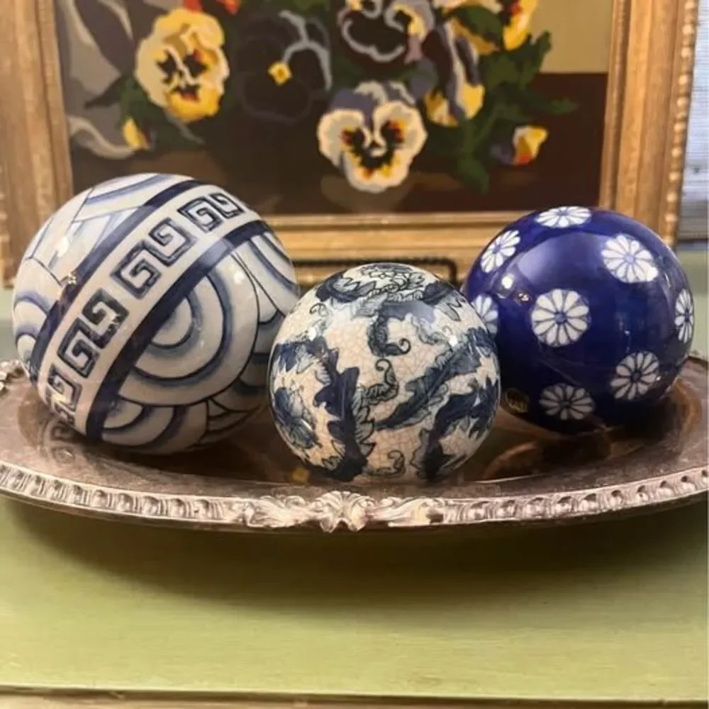 Chinoiserie Blue and White Ceramic Orbs - Grandmillennial Decor Bowl Fillers